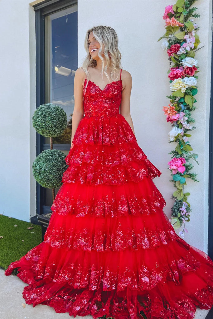 V Neck Blue White Red Layered Lace Prom Dresses, V Neck Blue White Red jbydress V Neck Blue White Red Layered Lace Prom Dresses, V Neck Blue White Red jbydress