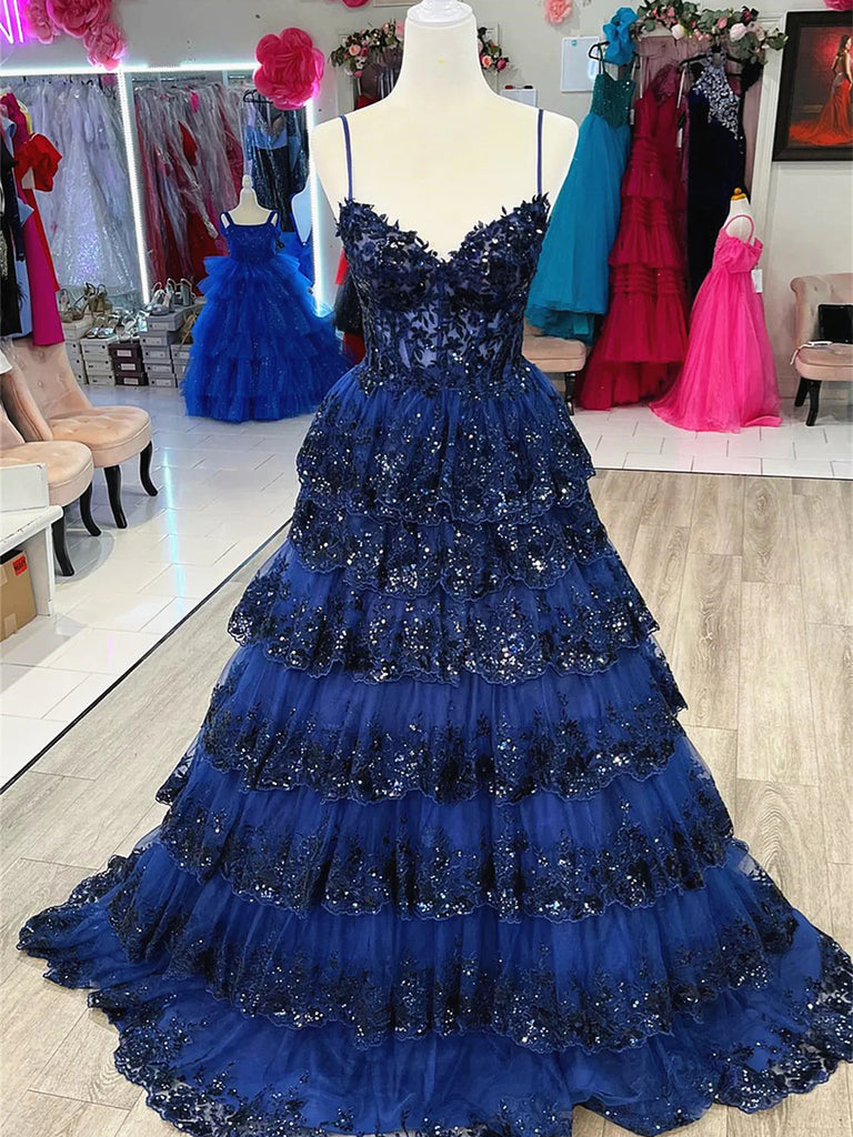 Lace Layered Blue Dress V Neck Blue White Red Layered Lace Prom
