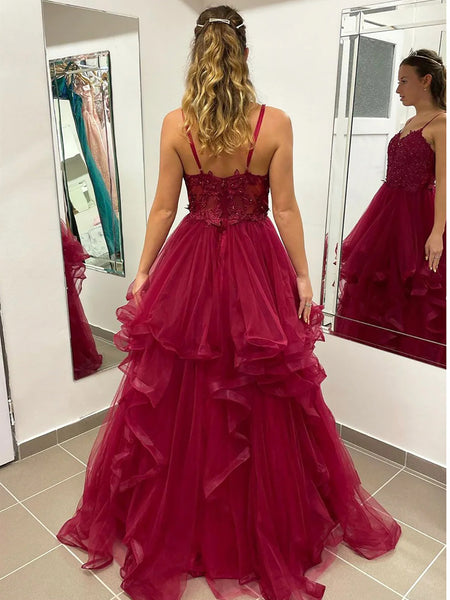 V Neck Burgundy Lace Prom Dresses, Wine Red Burgundy Lace Formal Evening Dresses