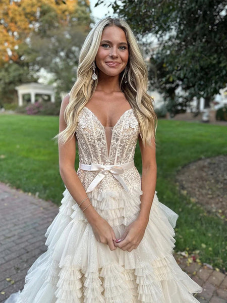 V Neck Champagne Lace Layered Long Prom Dresses with Train, Champagne Lace Formal Dresses, Champagne Evening Dresses