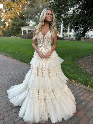 V Neck Champagne Lace Layered Long Prom Dresses with Train, Champagne Lace Formal Dresses, Champagne Evening Dresses