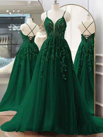 V Neck Dark Green Lace Long Prom Dresses, V Neck Dark Green Lace Long Formal Evening Dresses
