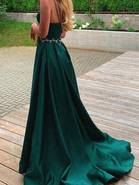 V Neck Dark Green Long Prom Dresses, V Neck Dark Green Long Formal Evening Dresses
