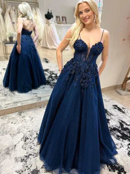 V Neck Dark Navy Blue Floral Long Prom Dresses, Dark Blue Lace Formal ...