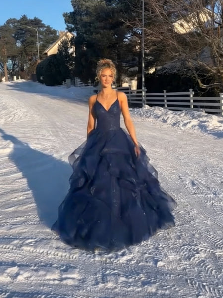 V Neck Dark Navy Blue Long Prom Dresses, Backless Dark Blue V Neck Formal Dresses