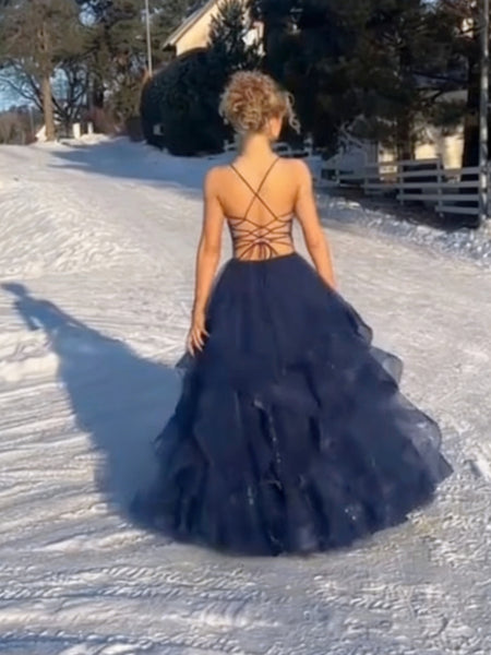 V Neck Dark Navy Blue Long Prom Dresses, Backless Dark Blue V Neck Formal Dresses
