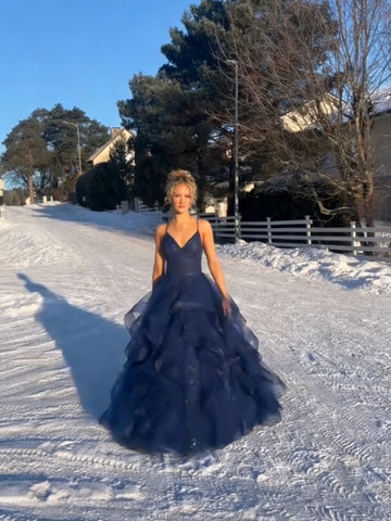 V Neck Dark Navy Blue Long Prom Dresses, Backless Dark Blue V Neck Formal Dresses