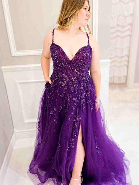 V Neck Dark Purple Long Lace Prom Dresses, V Neck Purple Long Lace Formal Evening Dresses