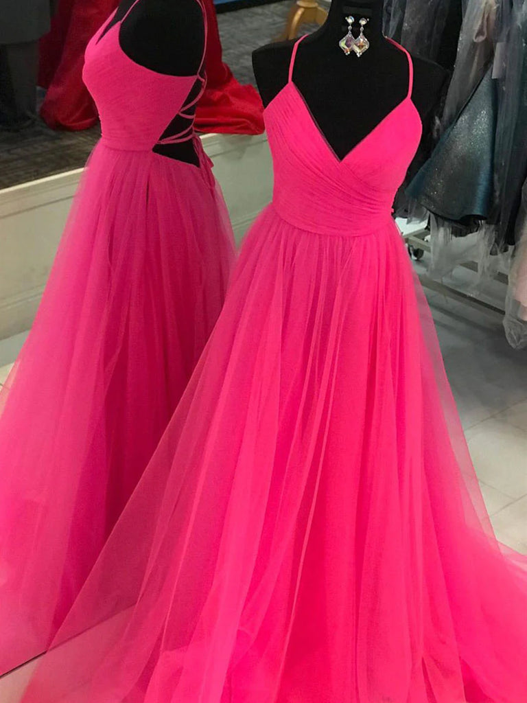 V Neck Hot Pink Backless Prom Dresses, Open Back Hot Pink Long Formal Dresses