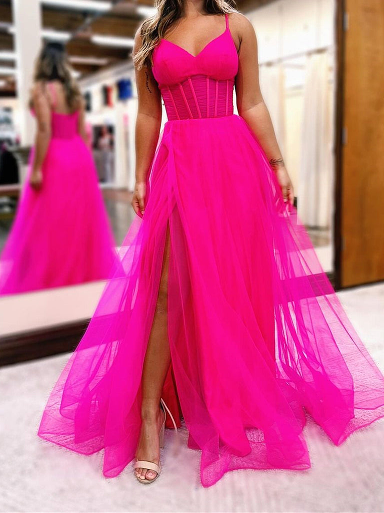 V Neck Hot Pink Royal Blue Long Prom Dresses, Hot Pink Royal Blue