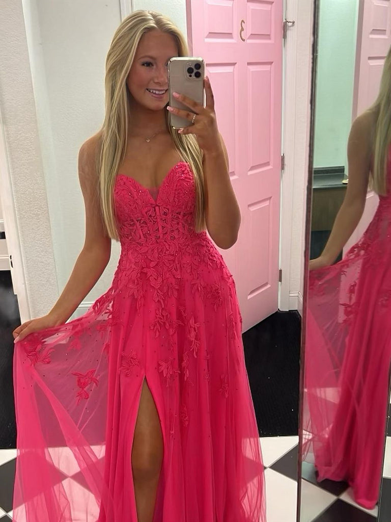 V Neck Hot Pink Tulle Lace Prom Dresses, Hot Pink Tulle Long Lace Formal Evening Dresses