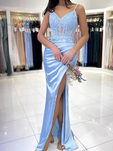 V Neck Light Blue Lace Prom Dresses with High Slit, Light Blue Lace Formal Evening Dresses