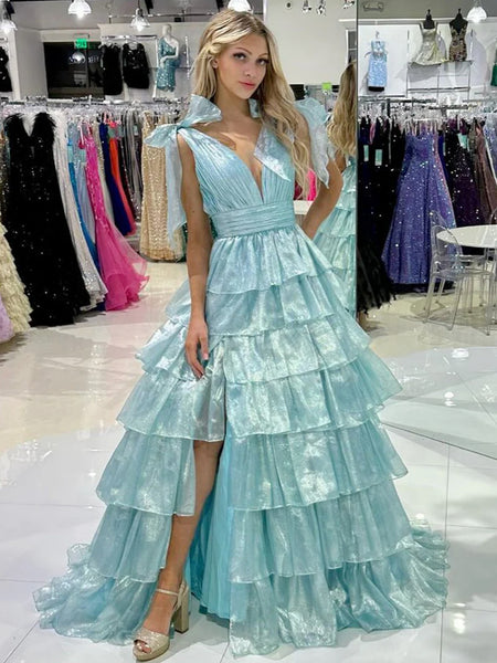 V Neck Light Green Organza Prom Dresses, Light Green Organza Formal Graduation Dresses