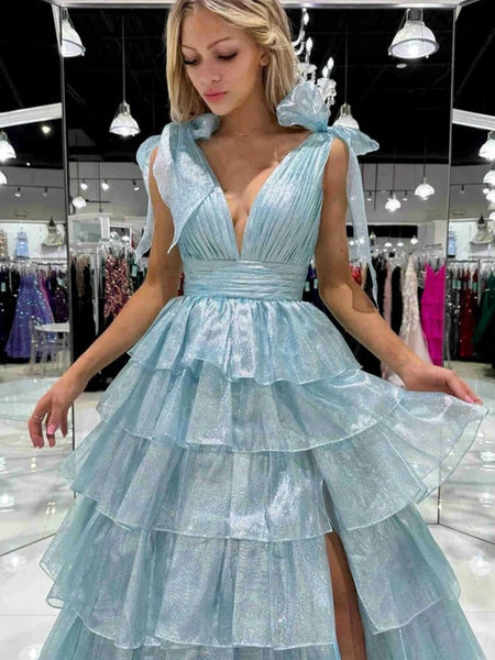 V Neck Light Green Organza Prom Dresses, Light Green Organza Formal Graduation Dresses