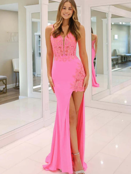 V Neck Mermaid Pink Red Lace Prom Dresses, Pink Red Lace Formal Evening Dresses