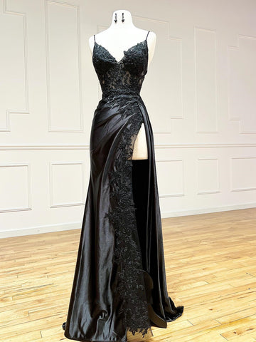 V Neck Open Back Mermaid Black Lace Long Prom Dress, Mermaid Black Lace Formal Dresses