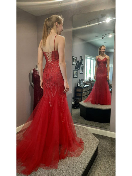 V Neck Open Back Mermaid Red Lace Long Prom Dresses, Mermaid Red Formal Dresses, Red Lace Evening Dresses