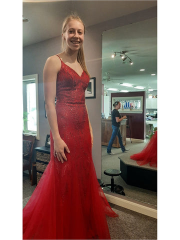 V Neck Open Back Mermaid Red Lace Long Prom Dresses, Mermaid Red Formal Dresses, Red Lace Evening Dresses