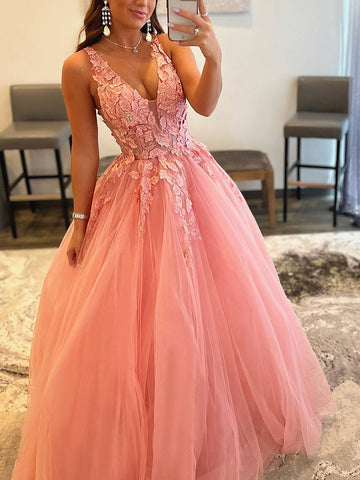 V Neck Pink Lace Long Prom Dresses, Pink V Neck Long Lace Formal Evening Dresses