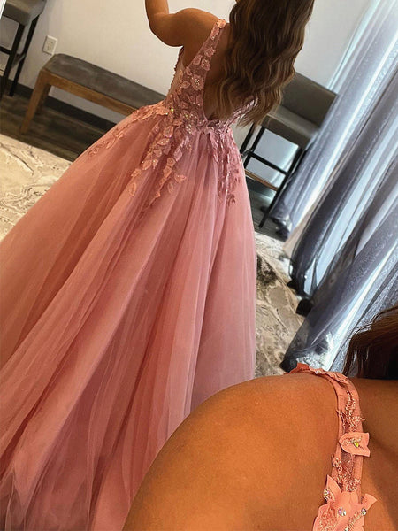 V Neck Pink Lace Long Prom Dresses, Pink V Neck Long Lace Formal Evening Dresses