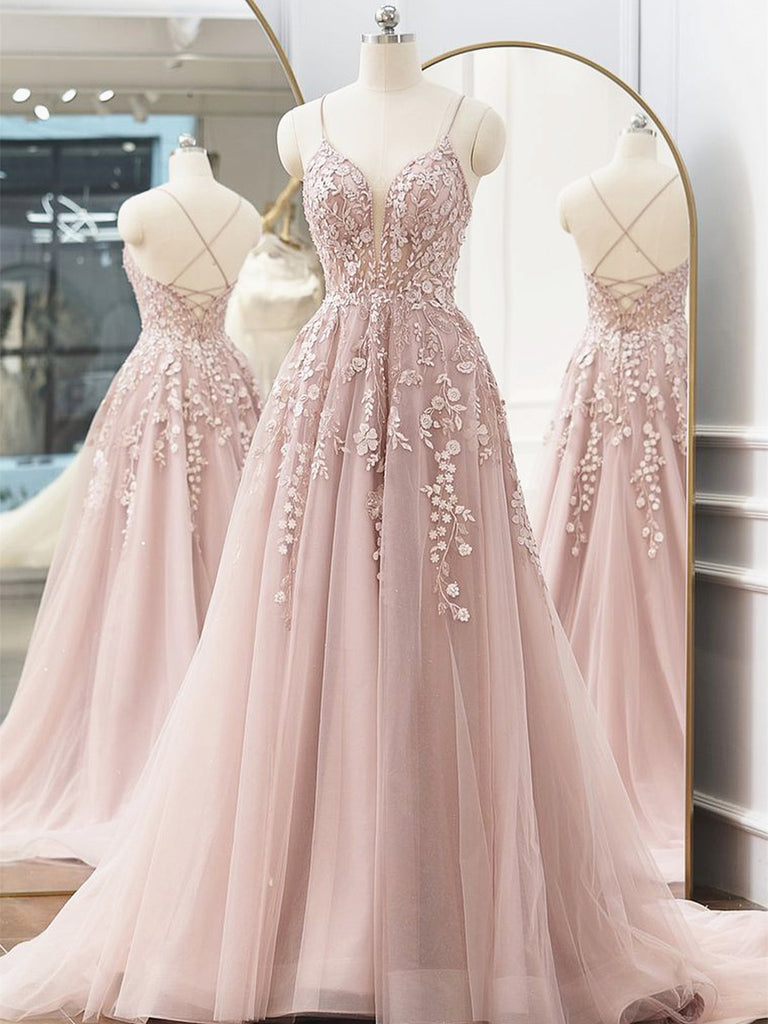 V Neck Pink Long Tulle Lace Prom Dresses, Pink V Neck Long Tulle Lace Formal Evening Dresses