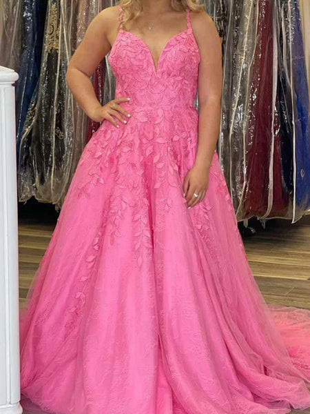 V Neck Pink Tulle Lace Prom Dresses, V Neck Hot Pink Tulle Lace Formal Evening Dresses