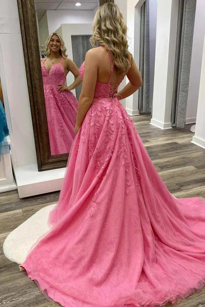 V Neck Pink Tulle Lace Prom Dresses, V Neck Hot Pink Tulle Lace Formal Evening Dresses