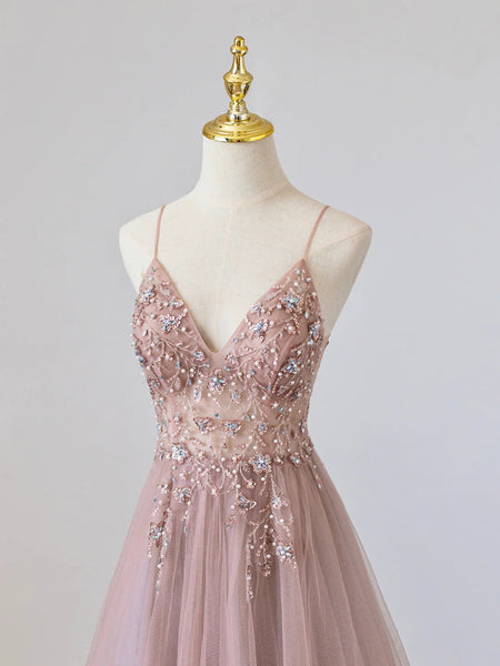 V Neck Pink Tulle Prom Dresses, Pink V Neck Tulle Formal Evening Dresses