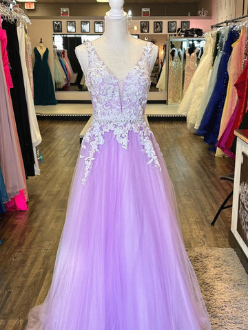 V Neck Purple Long Lace Prom Dresses, Lilac Purple Long Lace Formal Evening Dresses