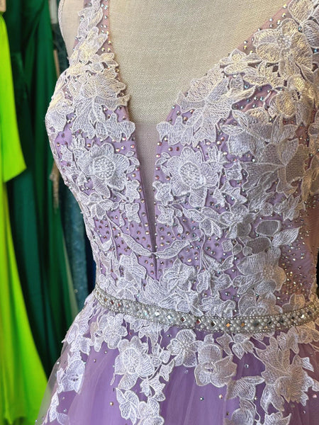V Neck Purple Long Lace Prom Dresses, Lilac Purple Long Lace Formal Evening Dresses