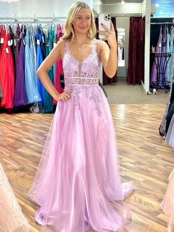 V Neck Purple Long Lace Prom Dresses, Purple Long Lace Formal Evening Dresses