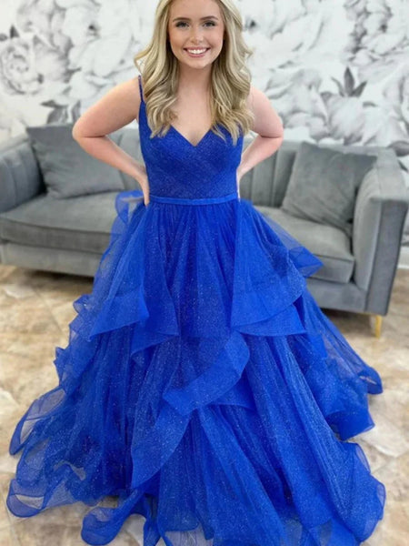 V Neck Shiny Fluffy Blue Tulle Long Prom Dresses, V Neck Blue Tulle Formal Evening Dresses