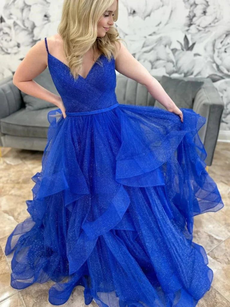V Neck Shiny Fluffy Blue Tulle Long Prom Dresses, V Neck Blue Tulle Fo jbydress V Neck Shiny Fluffy Blue Tulle Long Prom Dresses, V Neck Blue Tulle Fo jbydress