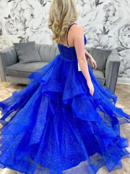 V Neck Shiny Fluffy Blue Tulle Long Prom Dresses, V Neck Blue Tulle Formal Evening Dresses