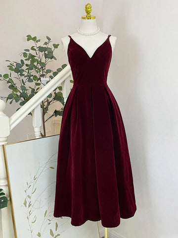 V Neck Short Burgundy Black Velvet Prom Dresses, Wine Red Black Short Velvet Formal Homecoming Dresses