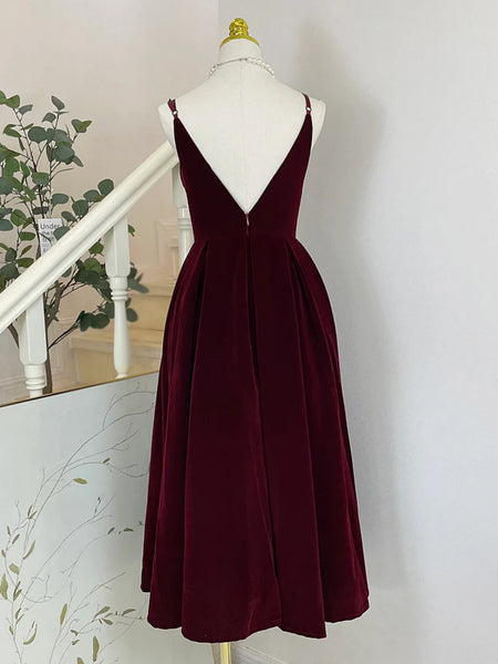 V Neck Short Burgundy Black Velvet Prom Dresses, Wine Red Black Short Velvet Formal Homecoming Dresses