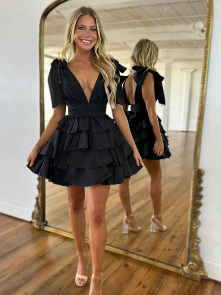 V Neck Short Red Black Blue Ruffle Tiered Prom Dresses, Short V Neck Formal Graduation Dresses