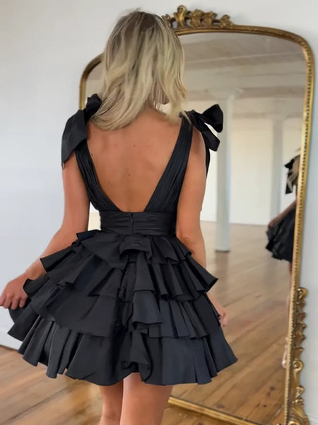 V Neck Short Red Black Blue Ruffle Tiered Prom Dresses, Short V Neck Formal Graduation Dresses
