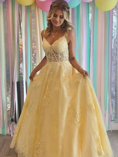 V Neck Yellow Long Lace Prom Dresses, Yellow Long Lace Formal Evening Dresses