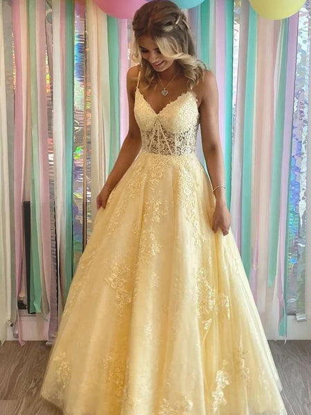 V Neck Yellow Long Lace Prom Dresses, Yellow Long Lace Formal Evening Dresses