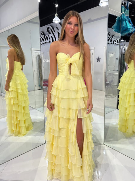 Yellow Layered Long Prom Dresses, Yellow Layered Formal Evening Dresses