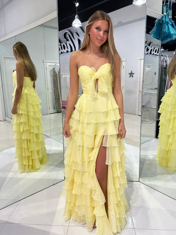 Yellow Layered Long Prom Dresses, Yellow Layered Formal Evening Dresses