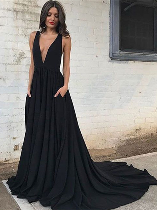 Elegant V Neck Black Backless Prom Dress with Train, Black