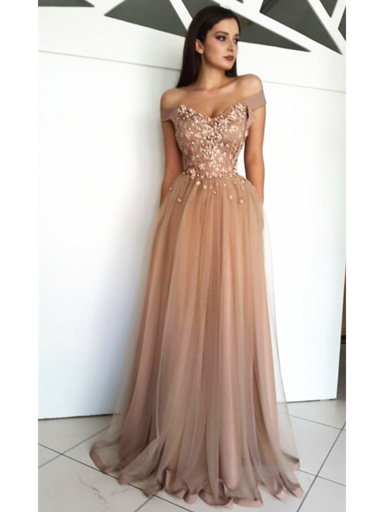 Custom Made A Line Off Shoulder Tulle Lace Prom Dresses, Off Shoulder jbydress Custom Made A Line Off Shoulder Tulle Lace Prom Dresses, Off Shoulder jbydress