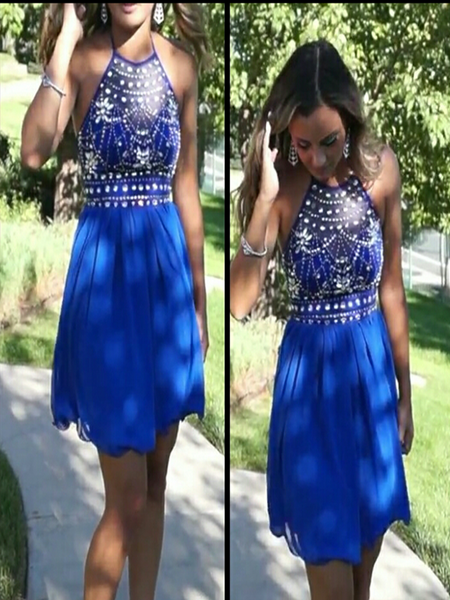 Custom Made A Line Halter Neck Backless Short Blue Prom Dress, Blue Homecoming Dress, Blue Graduation Dress