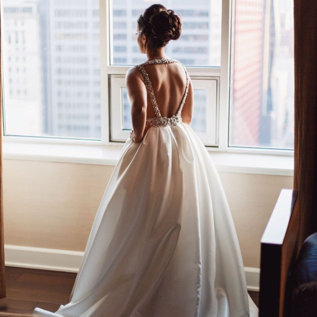 White Deep V Neck Backless Wedding Dress, Deep V Neck Prom Dress, Form jbydress White Deep V Neck Backless Wedding Dress, Deep V Neck Prom Dress, Form jbydress