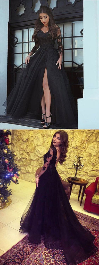 A Line Backless Long Sleeves Black Lace Prom Dresses, Black Lace Forma jbydress A Line Backless Long Sleeves Black Lace Prom Dresses, Black Lace Forma jbydress