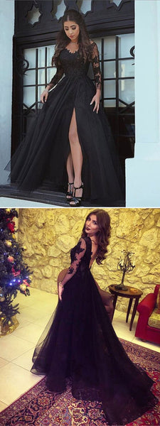 A Line Backless Long Sleeves Black Lace Prom Dresses, Black Lace Formal Dresses, Backless Evening Dresses