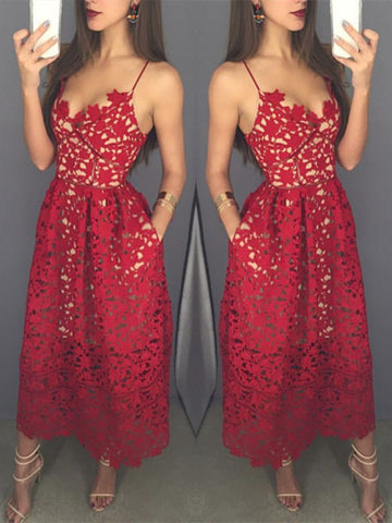Sweetheart Neck Tea Length Red Lace Prom Dress with Spaghetti Straps, Red Lace Formal Dress