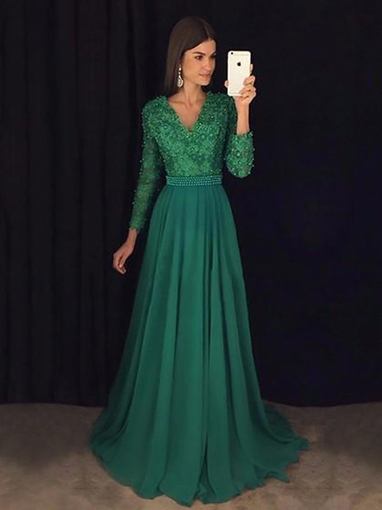 A Line V Neck Emerald Green Long Sleeves Prom Dress, Green Formal Dres jbydress A Line V Neck Emerald Green Long Sleeves Prom Dress, Green Formal Dres jbydress